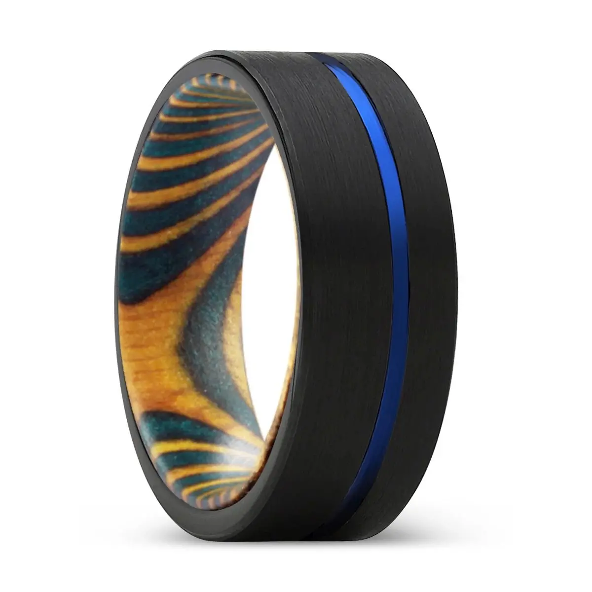 Avian | Green And Yellow Wood, Black Tungsten Ring, Blue Offset Groove, Flat 1