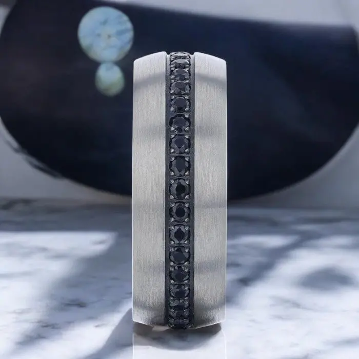 Aviator | Silver Titanium Ring, Black Sapphire Stones Inlay, Domed 4