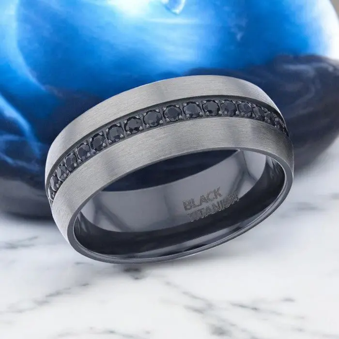 Aviator | Silver Titanium Ring, Black Sapphire Stones Inlay, Domed 2