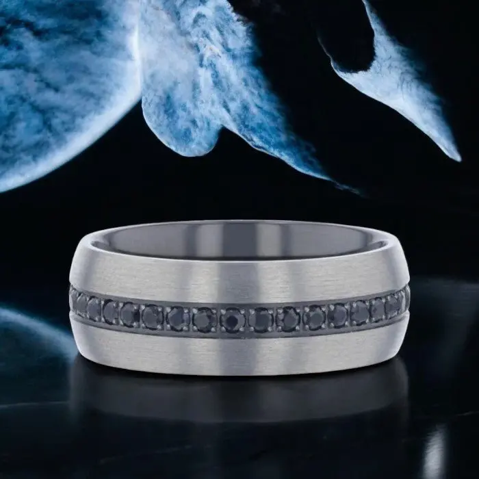 Aviator | Silver Titanium Ring, Black Sapphire Stones Inlay, Domed 5