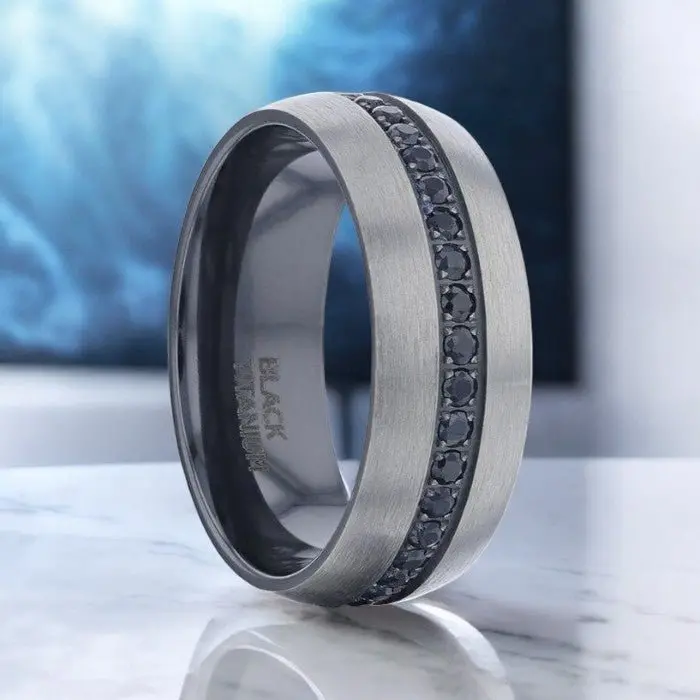 Aviator | Silver Titanium Ring, Black Sapphire Stones Inlay, Domed 1