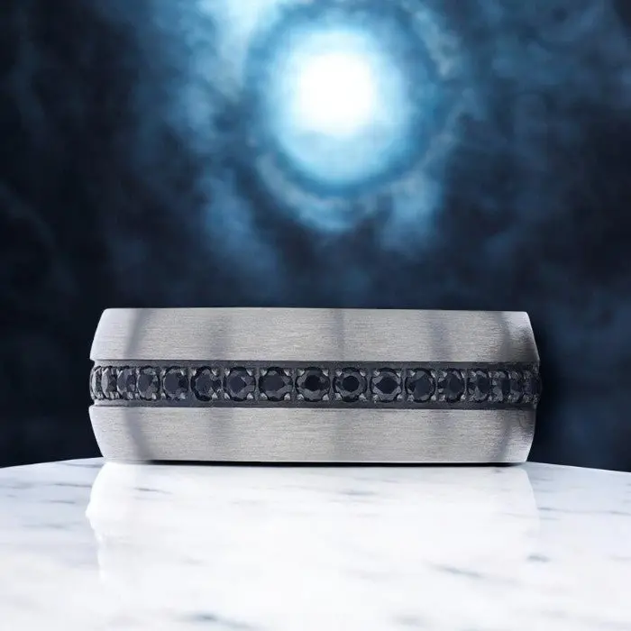 Aviator | Silver Titanium Ring, Black Sapphire Stones Inlay, Domed 3