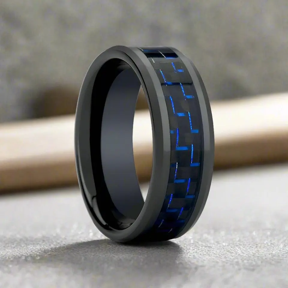 Avitus | Black Ceramic Ring, Blue & Black Carbon Fiber Inlay, Beveled 1