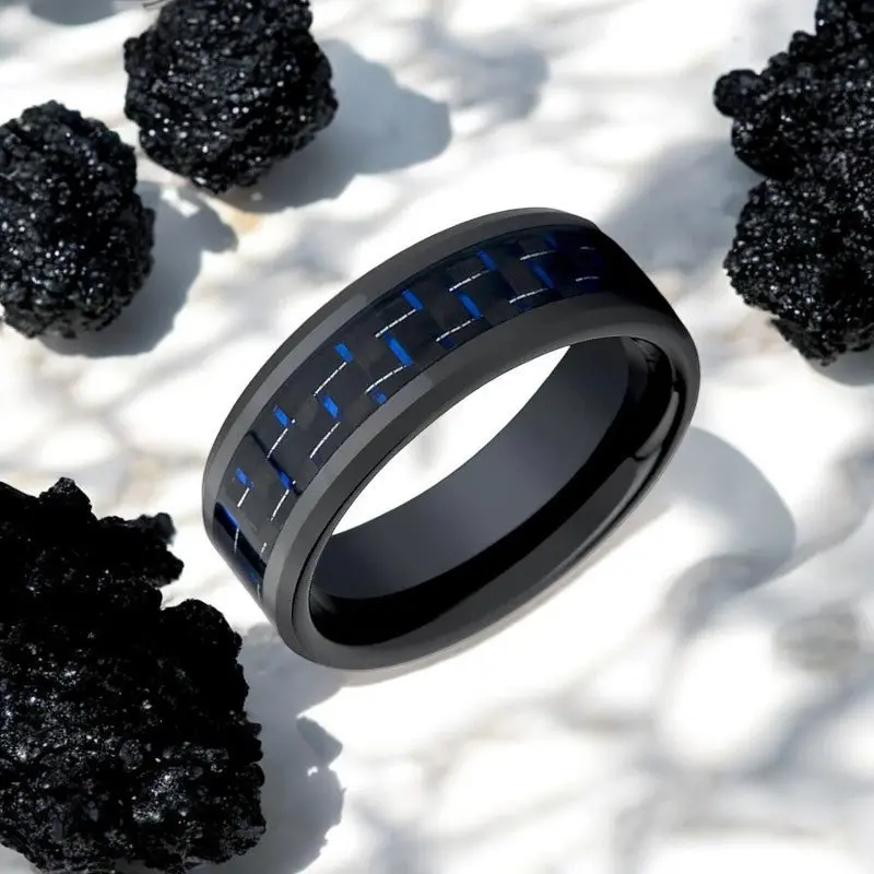 Avitus | Black Ceramic Ring, Blue & Black Carbon Fiber Inlay, Beveled 2