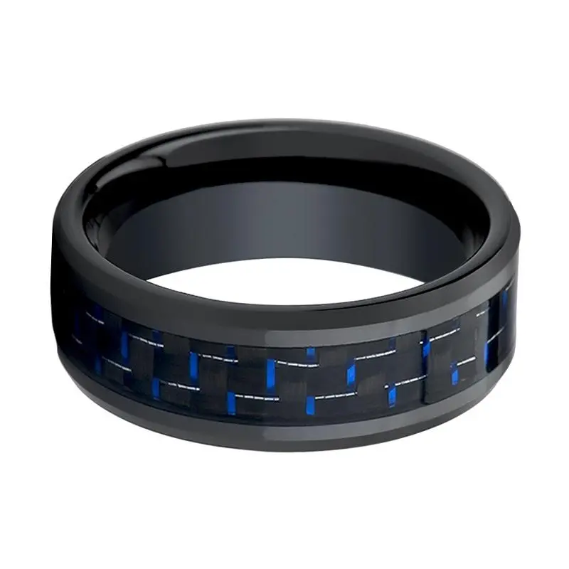Avitus | Black Ceramic Ring, Blue & Black Carbon Fiber Inlay, Beveled 5