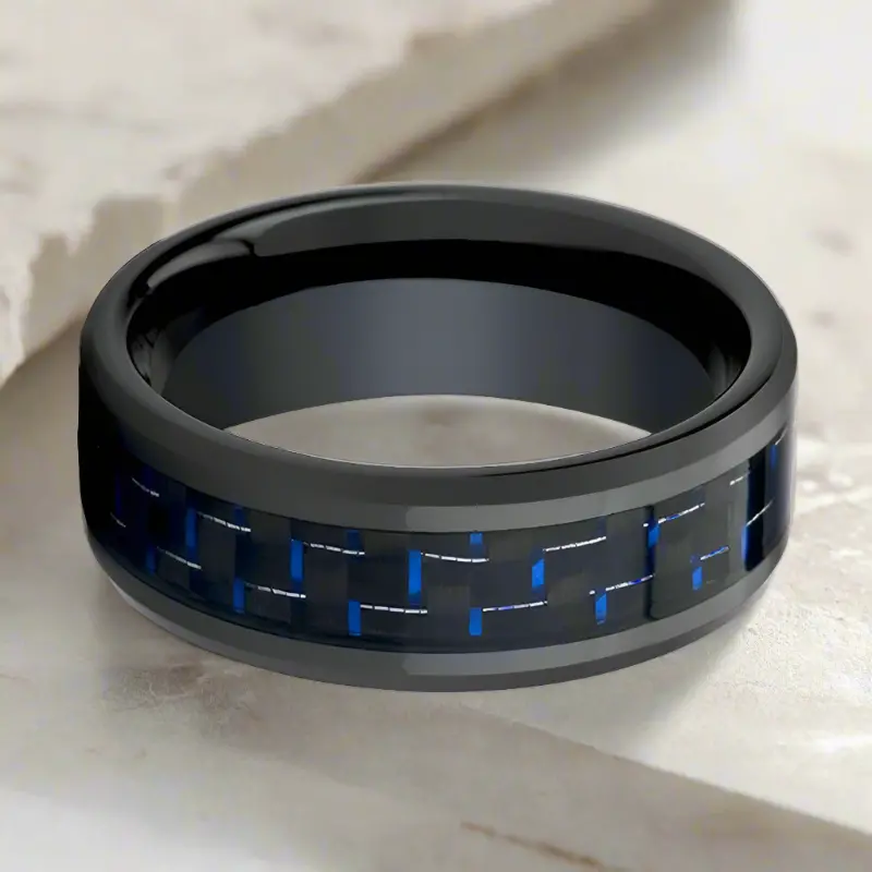 Avitus | Black Ceramic Ring, Blue & Black Carbon Fiber Inlay, Beveled 3