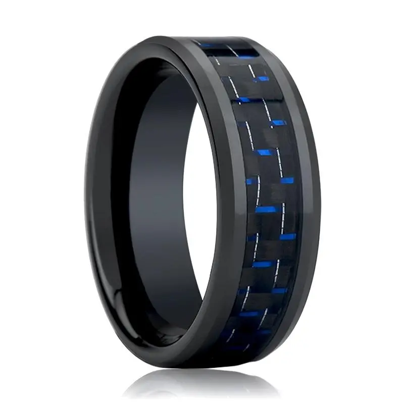 Avitus | Black Ceramic Ring, Blue & Black Carbon Fiber Inlay, Beveled 4