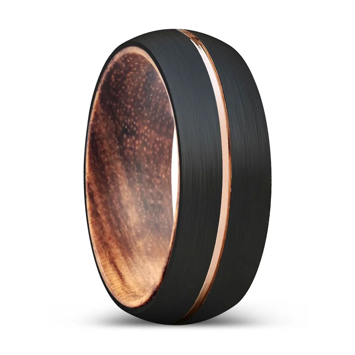 Axes | Zebra Wood, Black Tungsten Ring, Rose Gold Groove, Domed 1