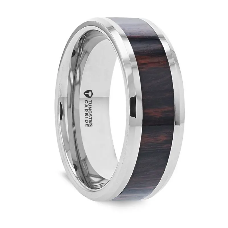 Aztec | Silver Tungsten Ring, Mahogany Wood Inlay, Beveled 1