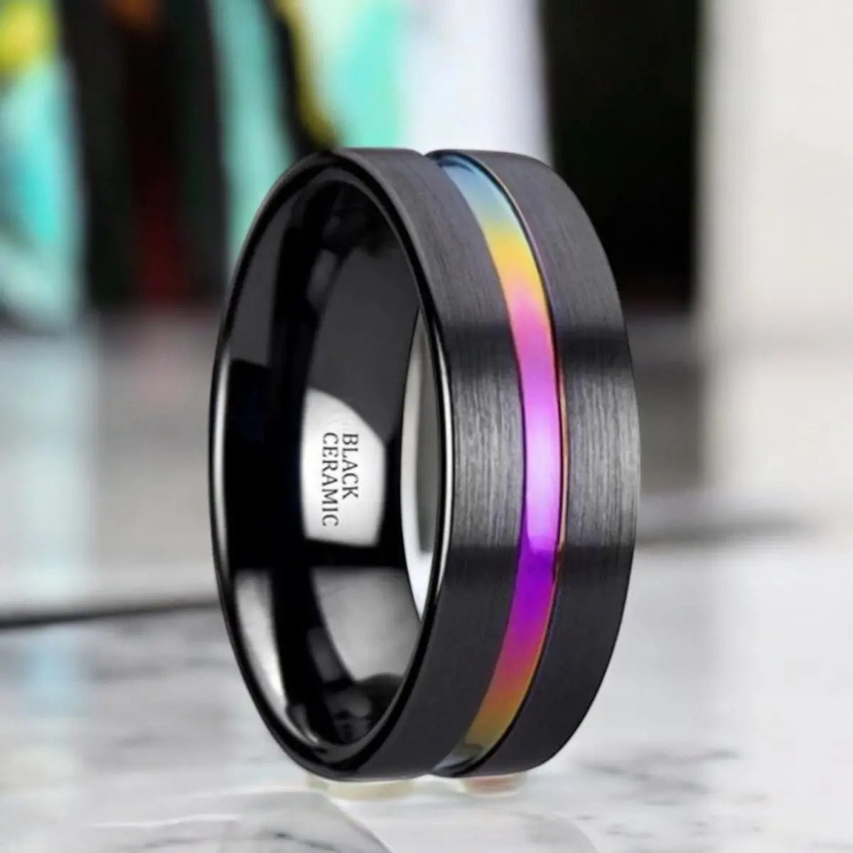 Azure | Black Ceramic Ring, Rainbow Grooved Center, Flat 1