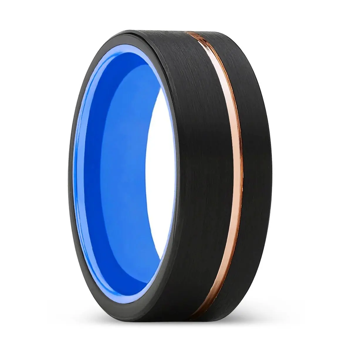 Velatrix | Blue Ring, Black Tungsten Ring, Rose Gold Offset Groove, Brushed, Flat 1