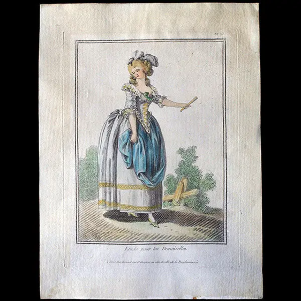 Elégante Se Promenant, Gravure De Mode De La Suite Etude Pour Les Demoiselles D'après Jean-Baptiste Huet (1783) 2