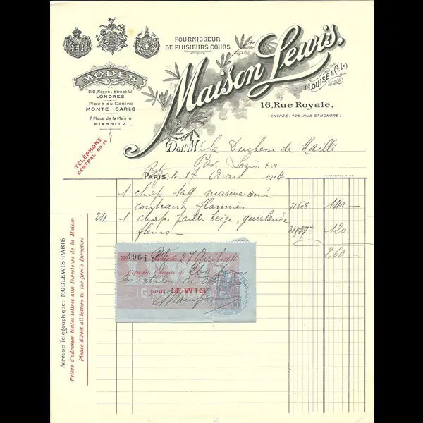 Facture De La Maison De Modes Lewis,16 Rue Royale À Paris (1914) 1