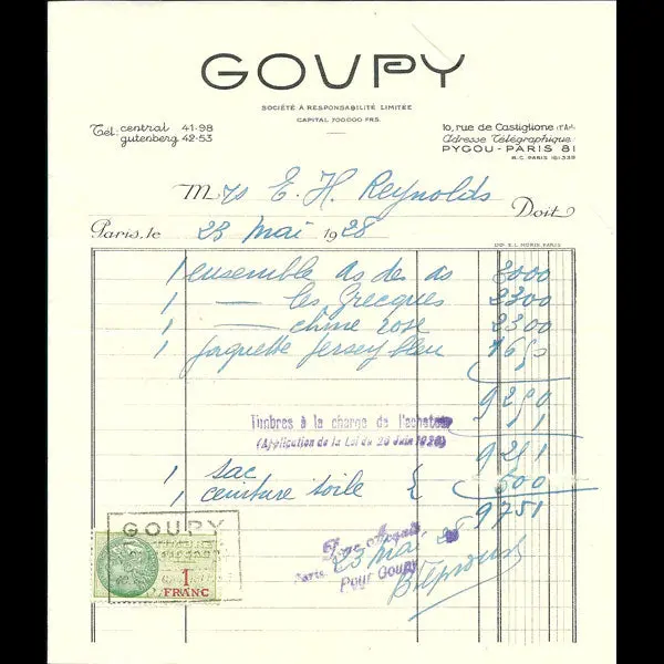 Facture De La Maison Goupy, 10 Rue Castiglione À Paris (1928) 1