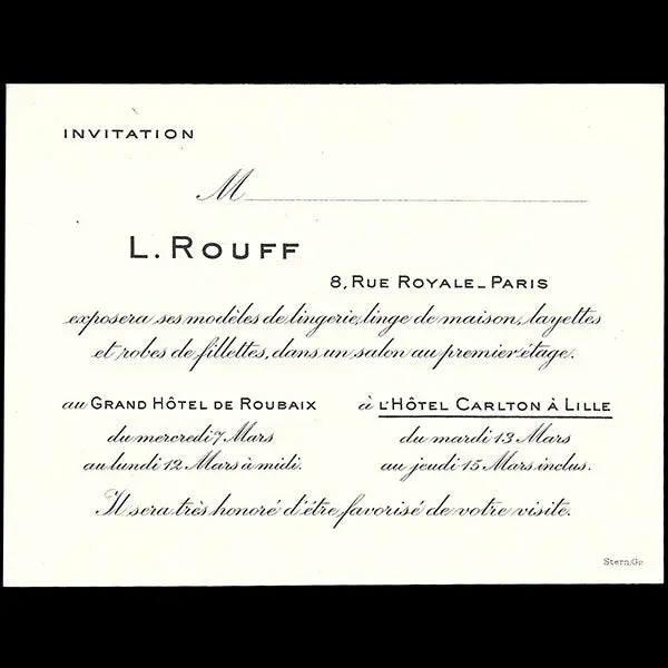 L. Rouff - Invitation De La Maison De Couture, 8 Rue Royale À Paris (1928) 1