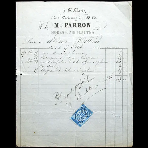 Facture De Mlle Parron & Cie, Modes & Nouveautés, A Sainte-Marie, 38 Bis Rue Vivienne À Paris (1874) 1