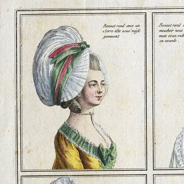 Gallerie Des Modes Et Costumes Français, 1778-1787, Gravure N° B 10, Bonnet Rond Avec Un Serre-Tête (1778) 2