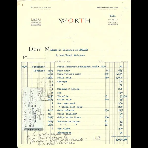 Facture De La Maison Worth, 7 Rue De La Paix, Paris (1929) 1