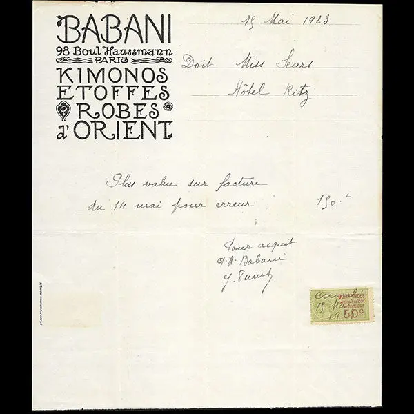 Babani - Facture De La Maison Babani, 98 Boulevard Haussmann À Paris (1923) 1
