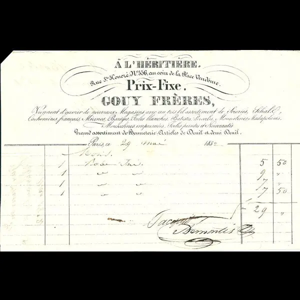 Facture Du Magasin De Tissus A L'héritière, Gouy Frères, 356 Rue Saint-Honoré À Paris (1832) 1