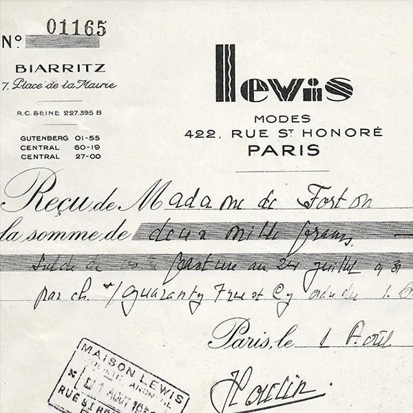 Lewis - Reçu De La Maison De Chapeaux, 7 Place De La Mairie À Biarritz (1931) 2