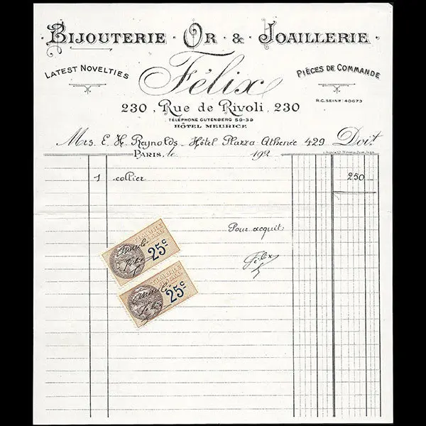 Félix - Facture De La Bijouterie Joaillerie, 230 Rue De Rivoli À Paris (Circa 1925) 1