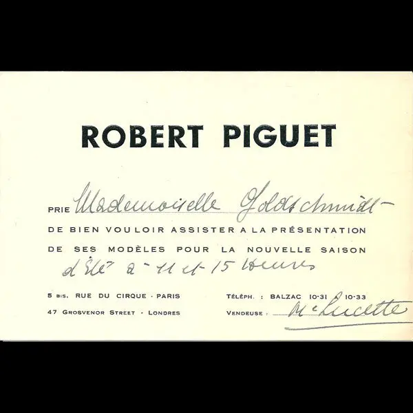 Invitation De La Maison Robert Piguet (Circa 1935) 1