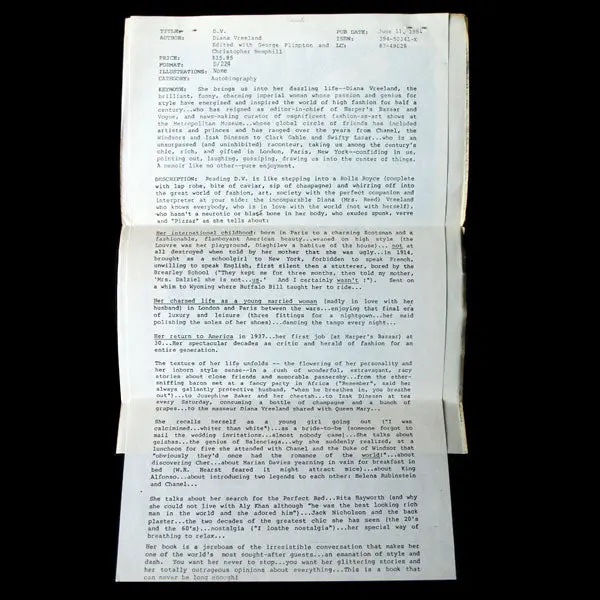 D.V. By Diana Vreeland, Uncorrected Proof (1984) 2