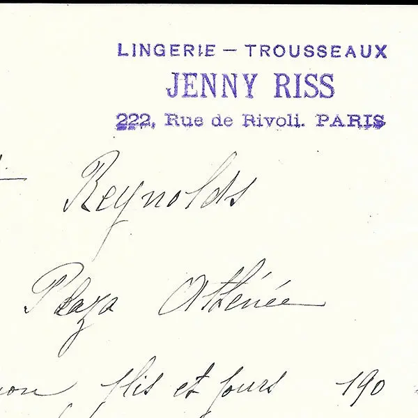 Facture De La Maison De Lingerie Jenny Riss, 222 Rue De Rivoli À Paris (1921) 2