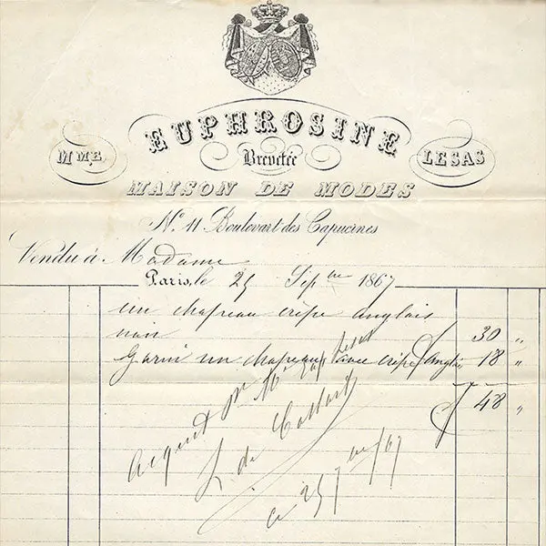 Euphrosine - Facture De La Maison De Modes, 11 Boulevart Des Capucines À Paris (1867) 2