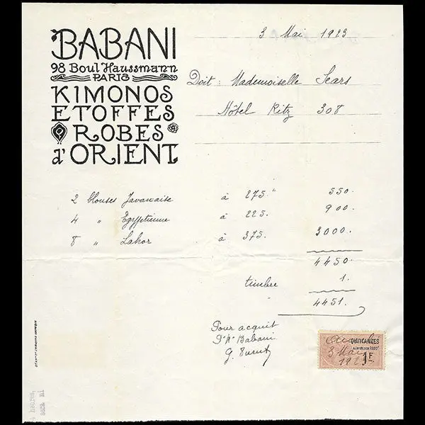 Babani - Facture De La Maison Babani, 98 Boulevard Haussmann À Paris (1923) 1