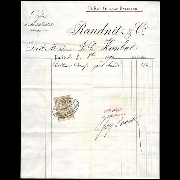 Raudnitz & Co - Facture De La Maison De Couture, 13 Rue De La Grange Batelière À Paris (1890) 1