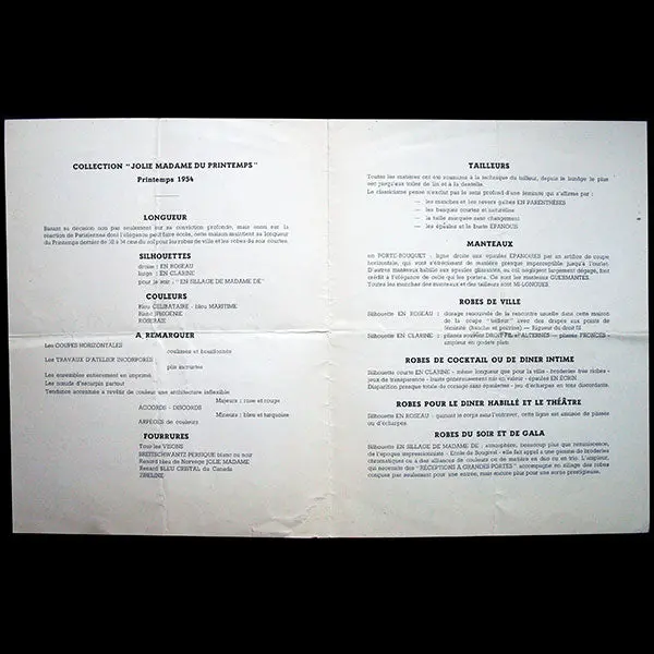 Balmain, Programme De Défilé, Collection Jolie Madame Du Printemps 1954 2