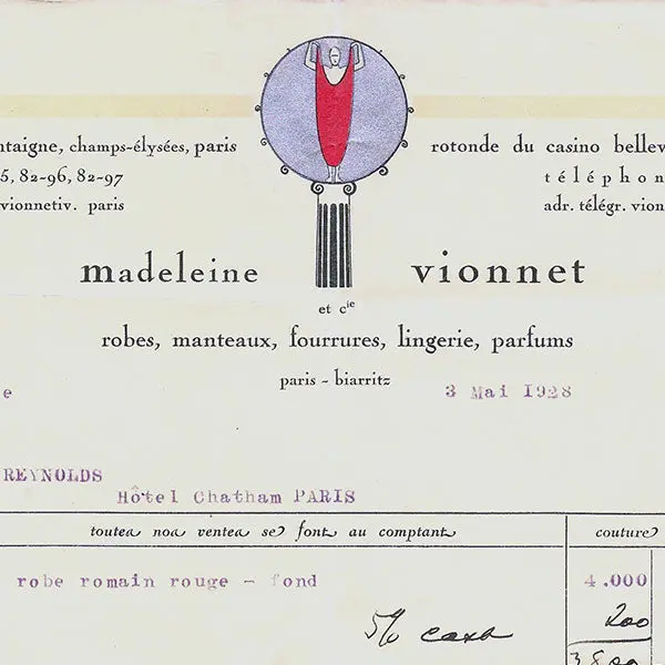 Vionnet - Facture, 50 Avenue Montaigne À Paris (3 Mai 1928) 2