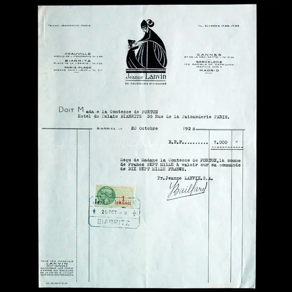 Facture De La Maison Jeanne Lanvin, Biarritz (1928) 1