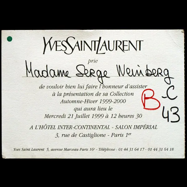 Carton D'invitation Au Défilé Yves Saint-Laurent Du 21 Juillet 1999, Collection Automne-Hiver 1999-2000 1