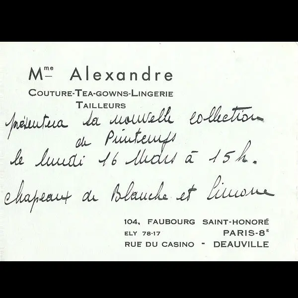 Carton De Visite De La Maison Madame Alexandre, 104 Faubourg Saint Honoré À Paris (Circa 1930) 1
