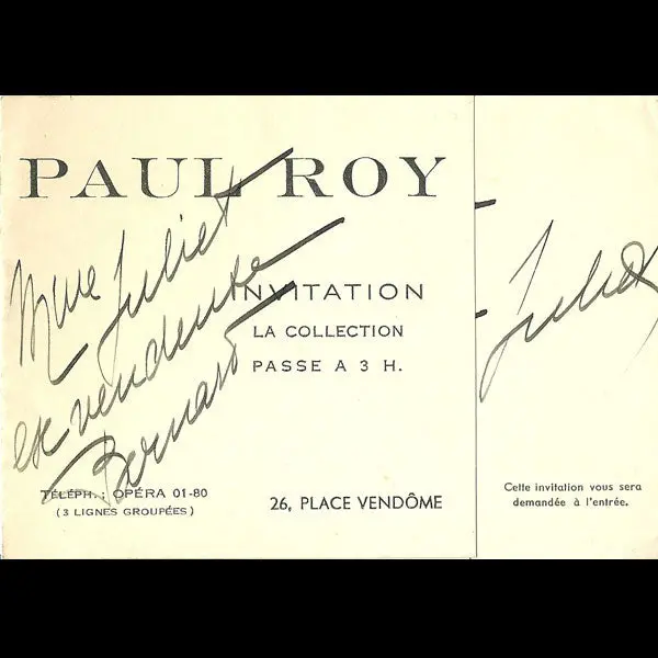 Carton D'invitation De La Maison Paul Roy, 26 Place Vendôme À Paris (Circa 1937-1940) 1