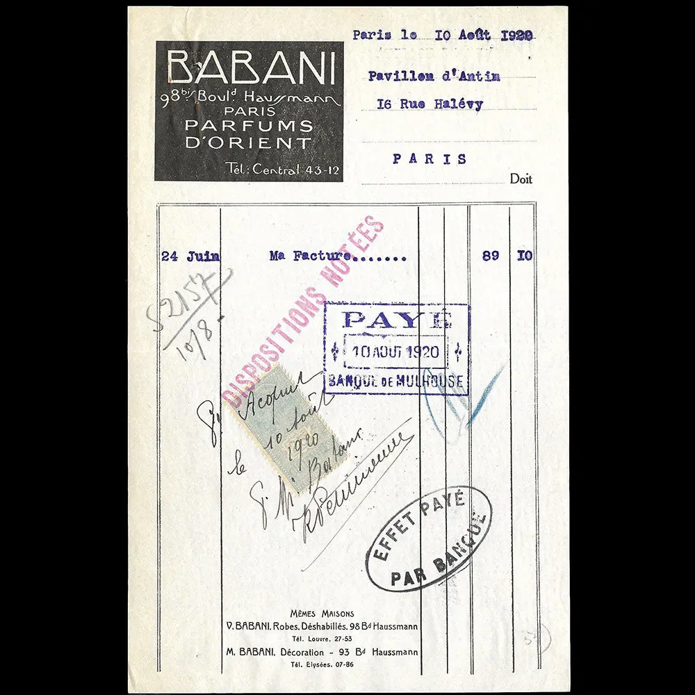 Babani - Facture De La Maison Babani, 98 Bis Boulevard Haussmann À Paris (1920) 1