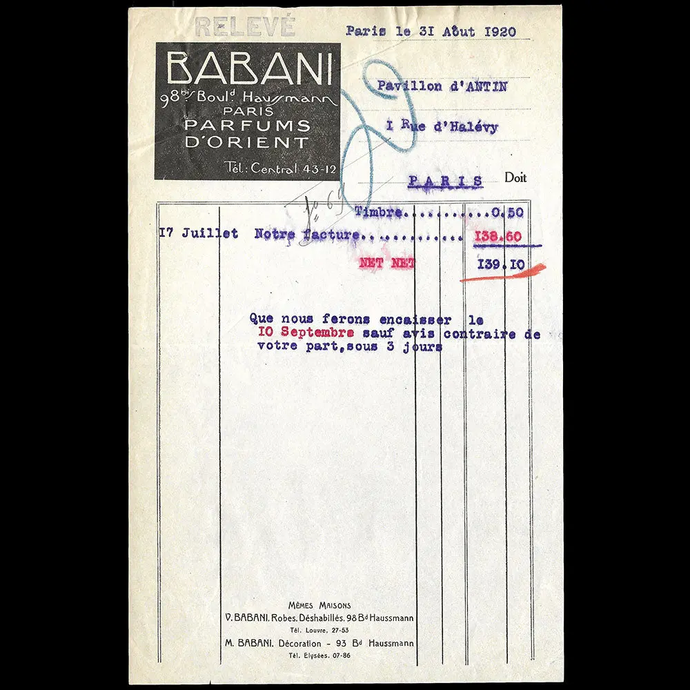 Babani - Facture De La Maison Babani, 98 Bis Boulevard Haussmann À Paris (1920) 1