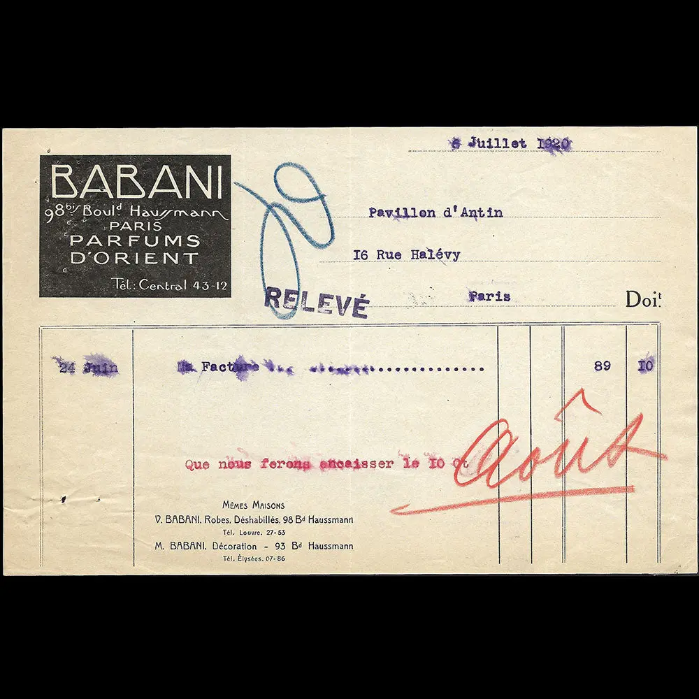 Babani - Facture De La Maison Babani, 98 Bis Boulevard Haussmann À Paris (1920) 1