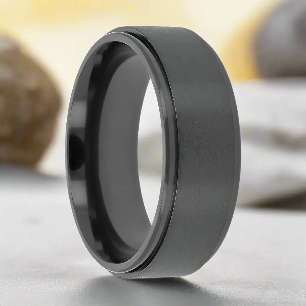 Babylon | Black Titanium Ring, Brushed Raised Center, Stepped Edges 1