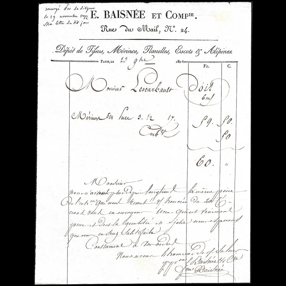 Baisnée Et Cie - Facture Du Magasin De Tissus, 24 Rue Du Mail À Paris (1821) 1