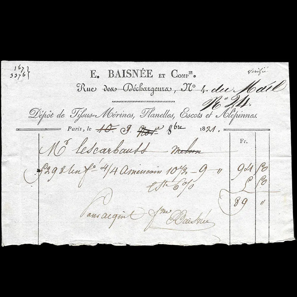 Baisnée Et Cie - Facture Du Magasin De Tissus, 24 Rue Du Mail À Paris (1821) 1