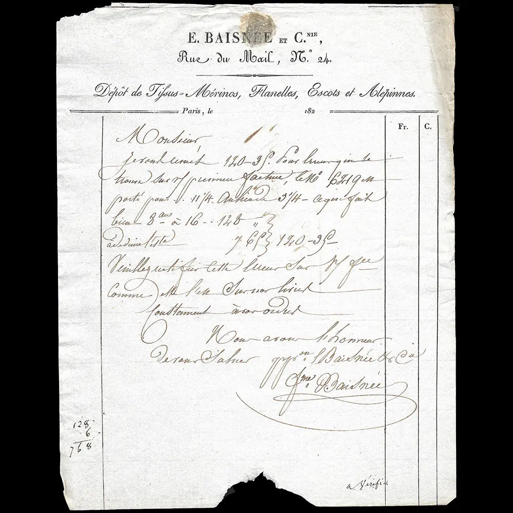Baisnée Et Cie - Facture Du Magasin De Tissus, 24 Rue Du Mail À Paris (1821) 1