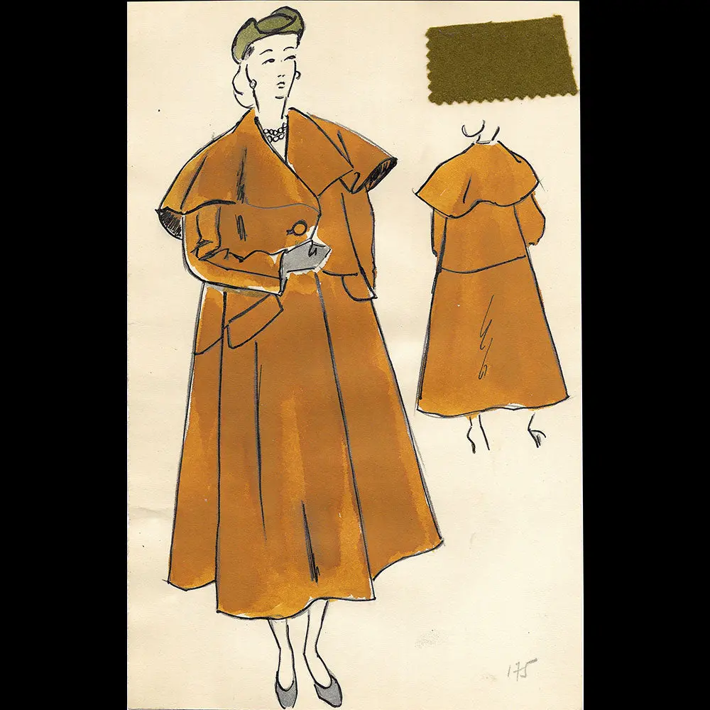 Balenciaga - Manteau Cheviotte Tabac, Dessin D'un Modèle De La Maison Balenciaga Pour L'hiver 1948-1949 1