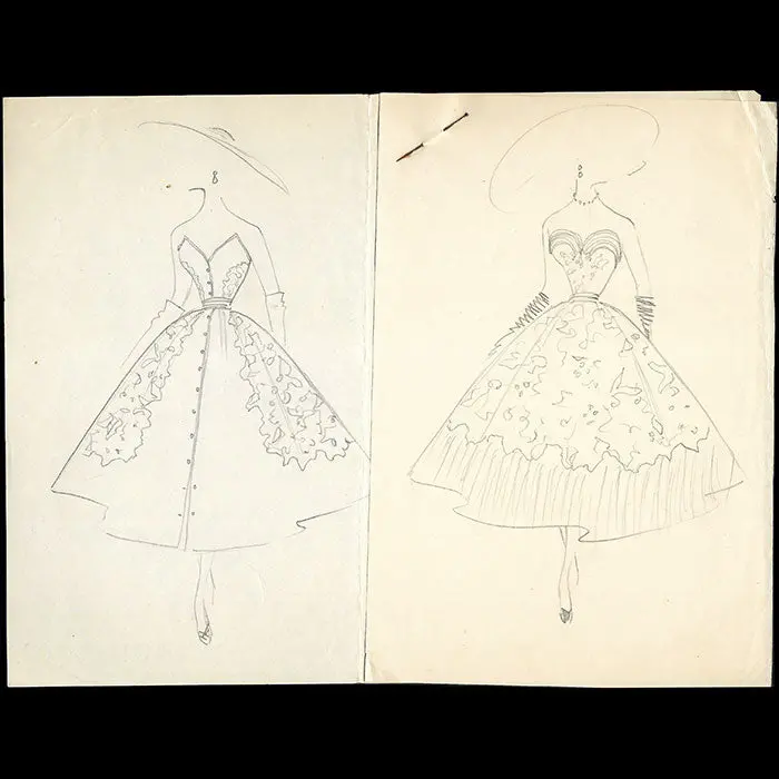 Balmain - Dessin De Deux Modèles De Robes (1953) 1