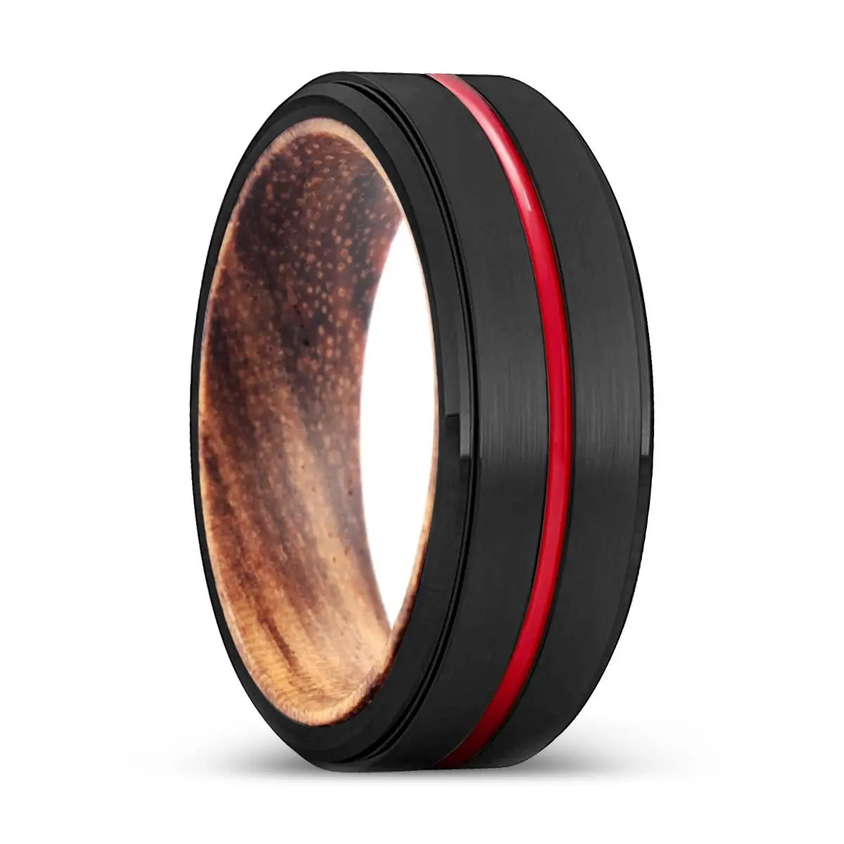 Bambam | Zebra Wood, Black Tungsten Ring, Red Groove, Stepped Edge 1
