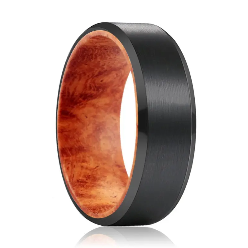Bandit | Red Burl Wood, Black Tungsten Ring, Brushed, Beveled 1