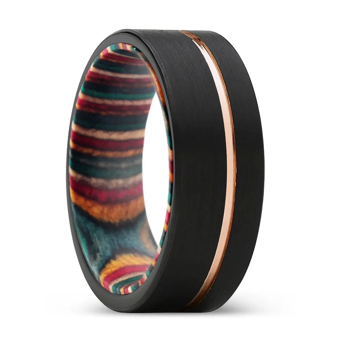 Banshee | Multi Color Wood, Black Tungsten Ring, Rose Gold Offset Groove, Brushed, Flat 1